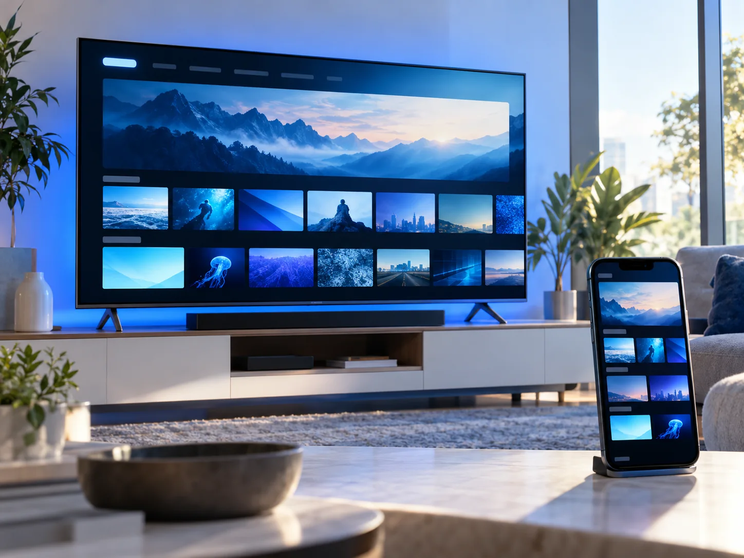 Streaming catalog displayed on a television and smartphone