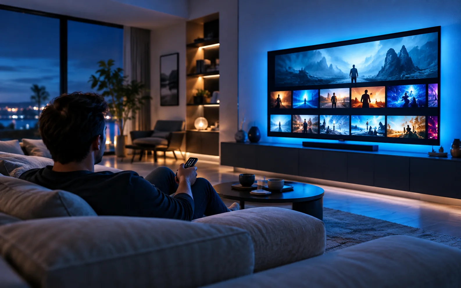 Viewer enjoying a streaming service on a large television in a blue-lit living room